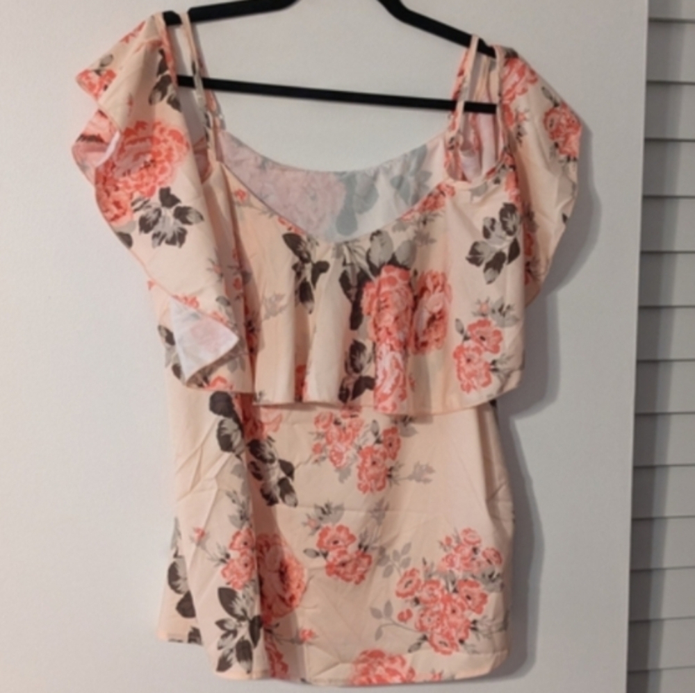 SHEIN Pink Floral Ruffled Cold Shoulder Top - Picture 2 of 3